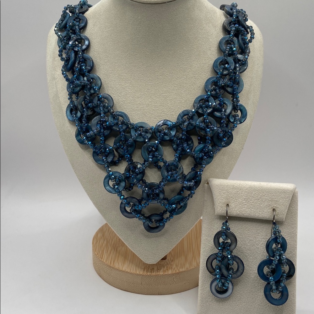Vintage Blue Mother of Pearl Faceted Bead Cascade Necklace & Earring Set